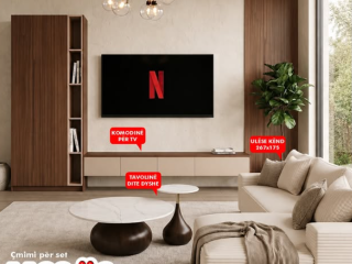 Kompletoni dhomën tuaj të ndenjes me: Mobilje për TV, tavolinë, kend, ndricues.